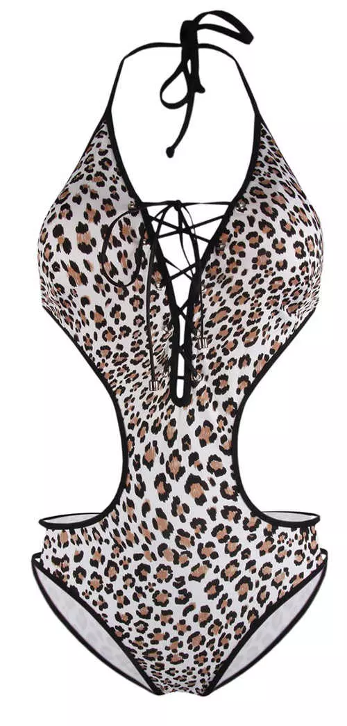 Леопардов дамски бански от една част с дълбоко изрязване и дантели