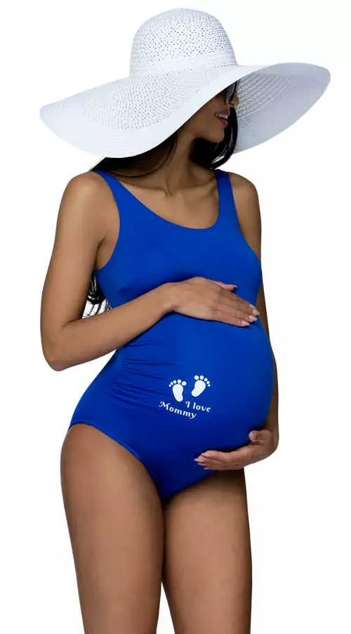 Стилен бански за бременни със забавен надпис в синьо