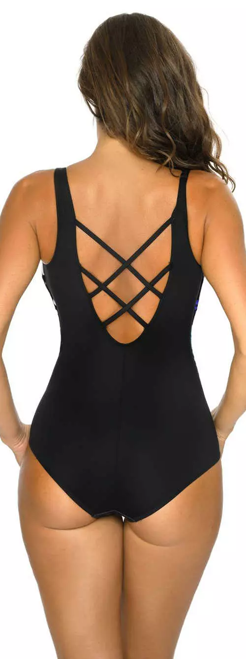 Черен дамски бански костюм от една част с елегантен дизайн на гърба